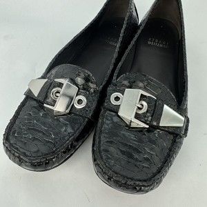 Stuart Weitzman Women’s  Black Leather Snake Skin Loafers Buckle